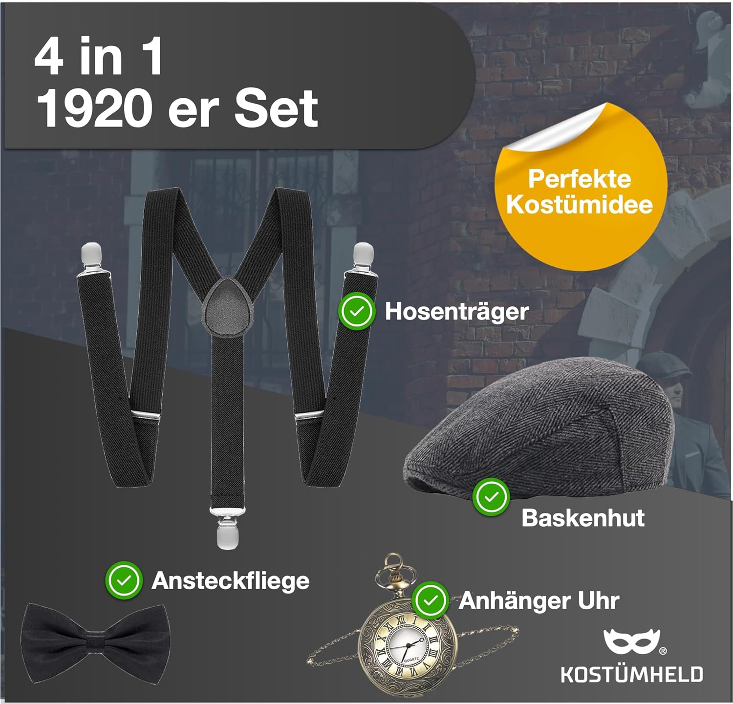 Kostümheld® Herren Männer Set: 4 in 1 - 20er Accessoires für Fasching &  Karneval - Verkleidung wie Gatsby, Charleston